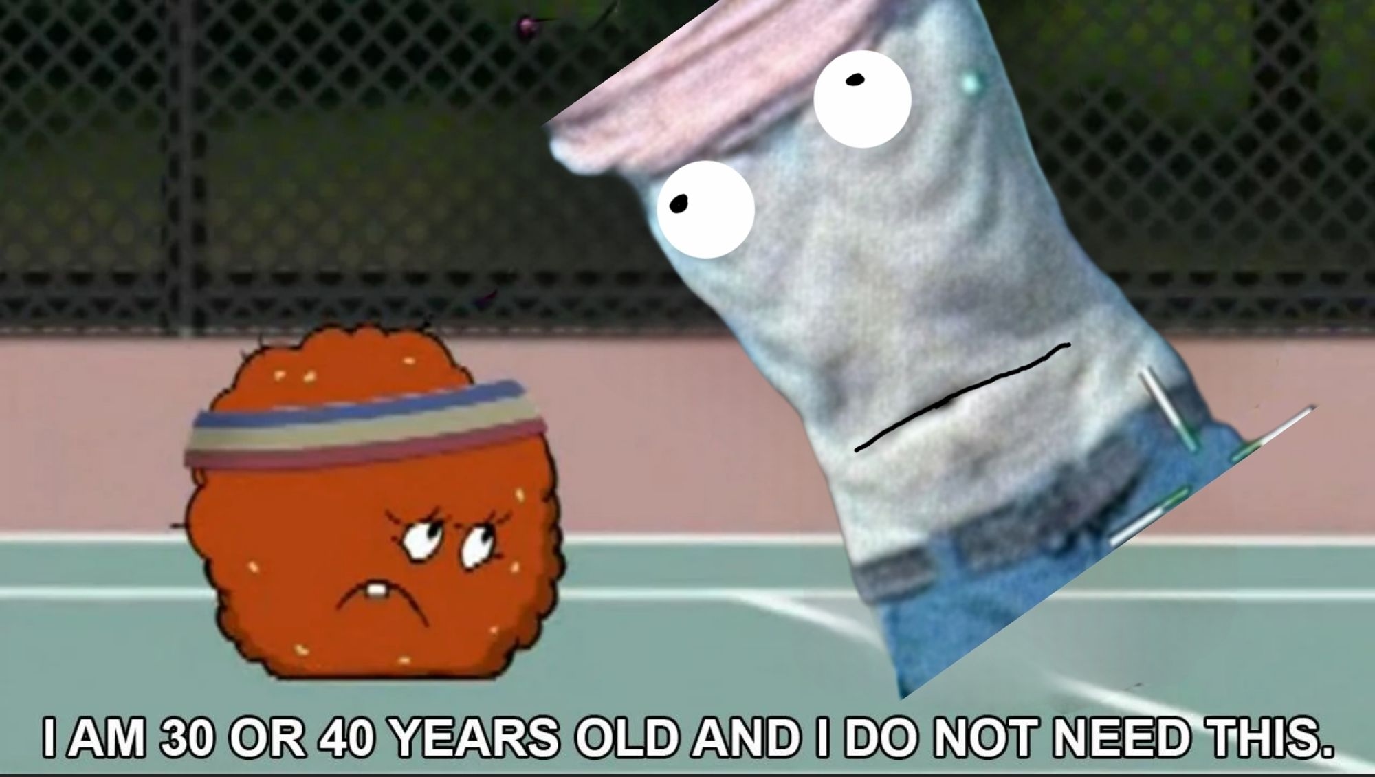 The "I'M 30 OR 40 YEARS OLD AND I DO NOT NEED THIS" Aqua Teen Hunger Force screen, but Master Shake is replaced with attempted Trump assassin Ryan Routh's stomach with a face drawn on it.