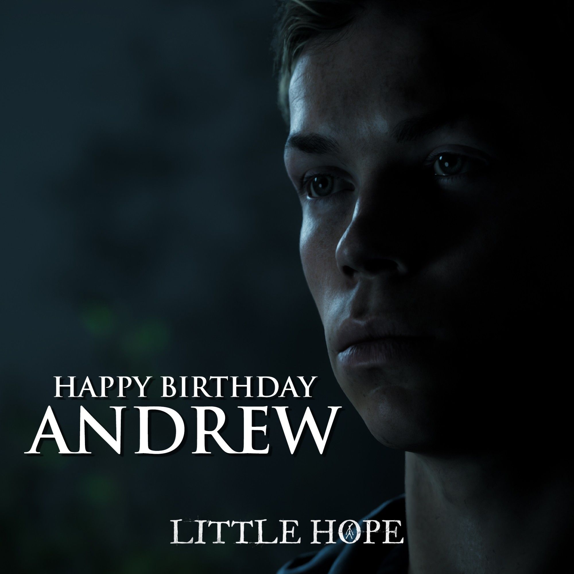 Picture of Andrew from The Dark Pictures game Little Hope, with the words Happy Birthday Andrew next to him