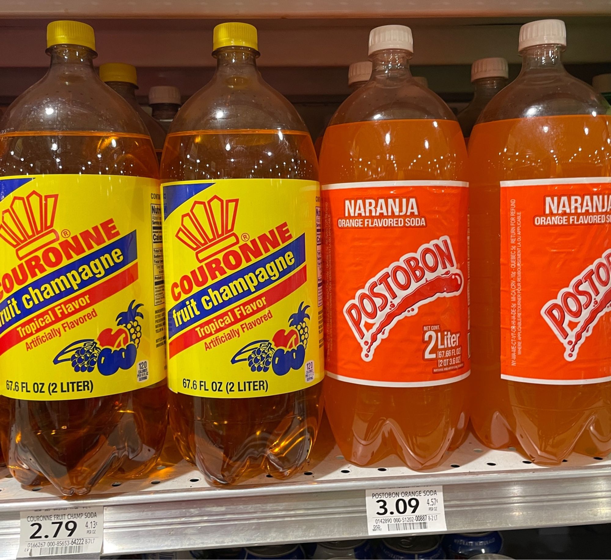 We got Couronne’s fruit champaign Tropical Flavor 2 liter, and Postobon Naranja orange flavored soda