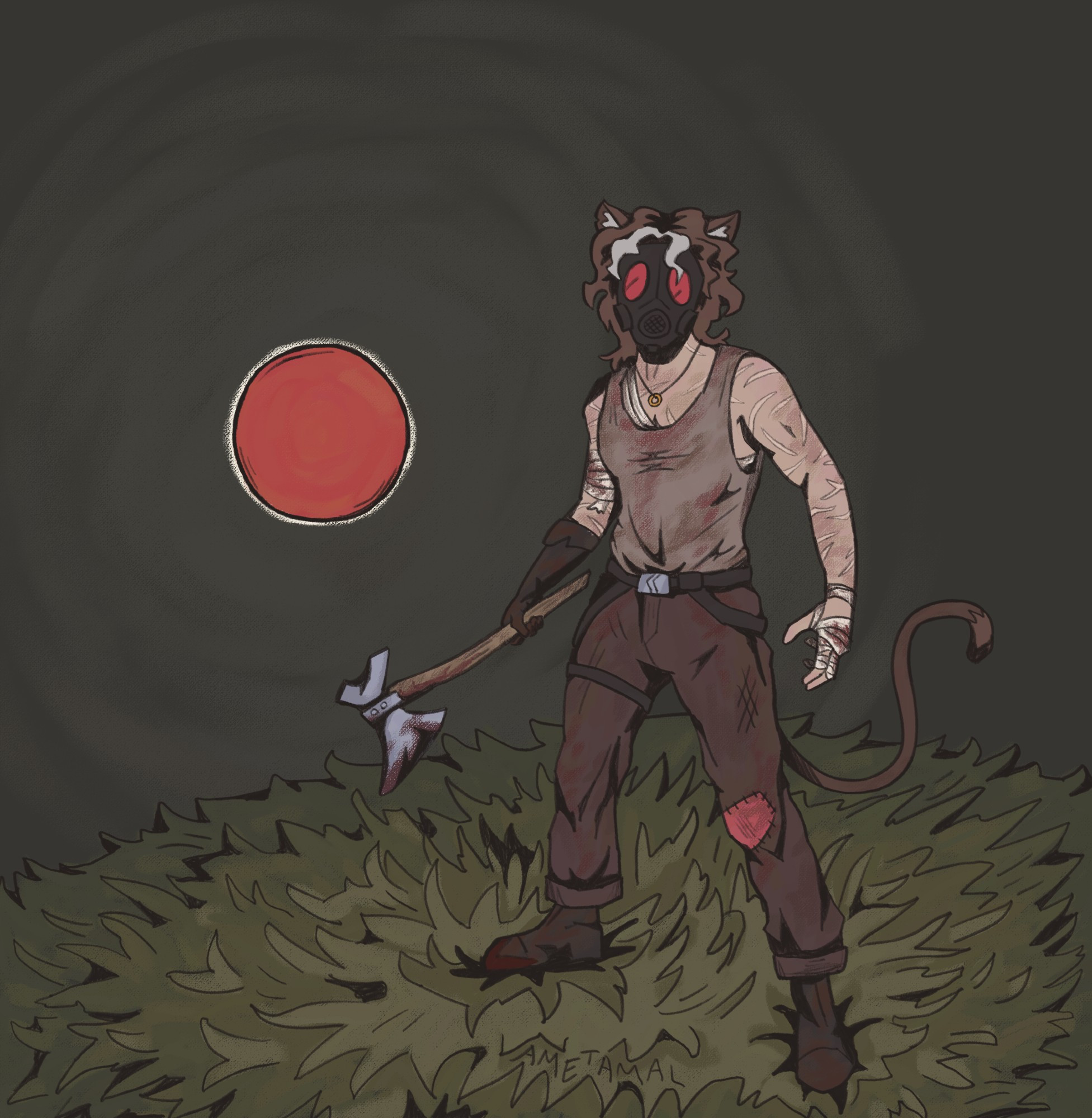 a digital drawing of q!cellbit, standing on a field under a red sun. he's wearing dirty clothes and a gas mask, wielding a bloody axe, and covered in scars. oh and he has cat ears & a cat tail Smile