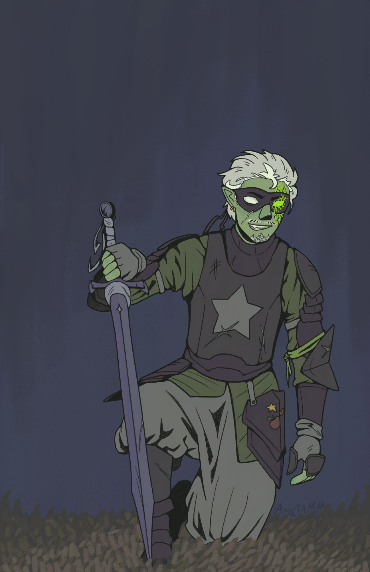 a digital drawing of q!etoiles, a green-skinned man with white hair, getting up from the ground. he's clad in greenish gray armor and wealds a sick ass sword.