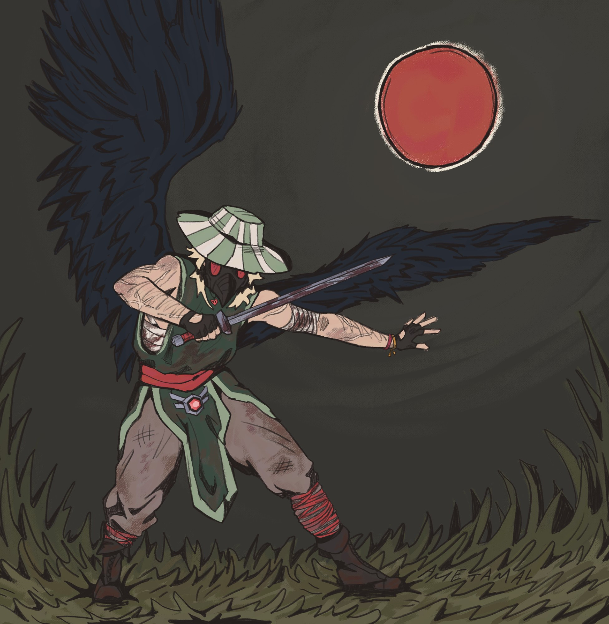 a digital drawing of q!philza, a winged man wearing dirty green and brown clothing, a wide hat and a plague mask. he's holding out his bloody sword, standing on a field under a red sun.