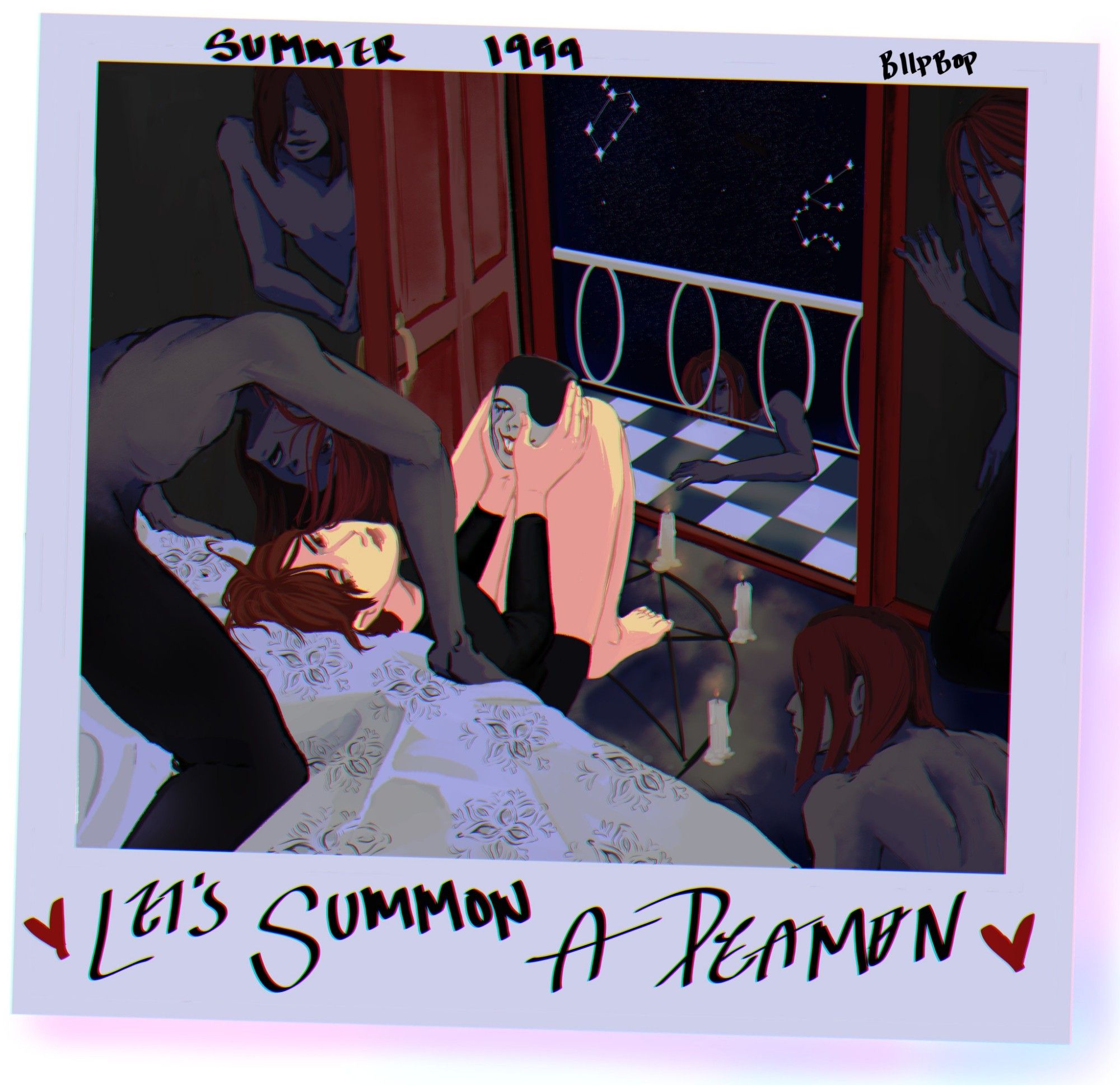 Image 
Digital drawing of a polaroid with a light pink shadow 
Text on polaroid:
"Summer 1999" "Biipbop"(artist) "❤️let's summon a deamon ❤️"
Image on polaroid is Jun sitting on a summoning circle drawn on the floor with his back against a bed and his head resting on the bed looking at the viewer. Multiple 'demon' tatsuya surround him. In the background is an open door leading to some railing and a night sky with leo and aquarius constellation visible