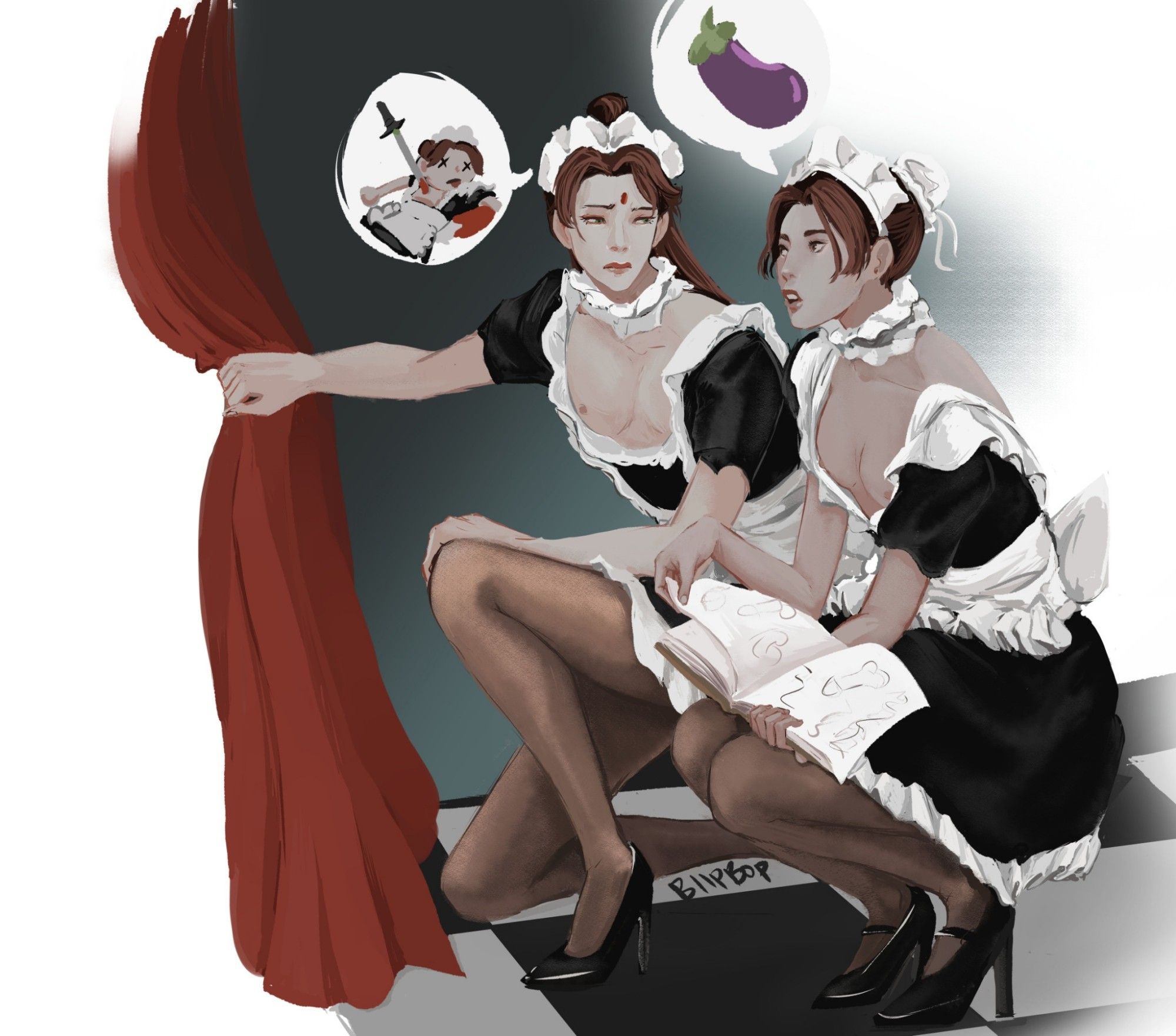 Scum villain self save system Fanart 
Sqq and sqh hide behind a curtain in maids outfits
Sqh holds a book with penis drawings a speech bubble above his head has an eggplant 
Sqq is looking at his with a done expression, a speech bubble by his head has a cartoon version of sqh being stabbed