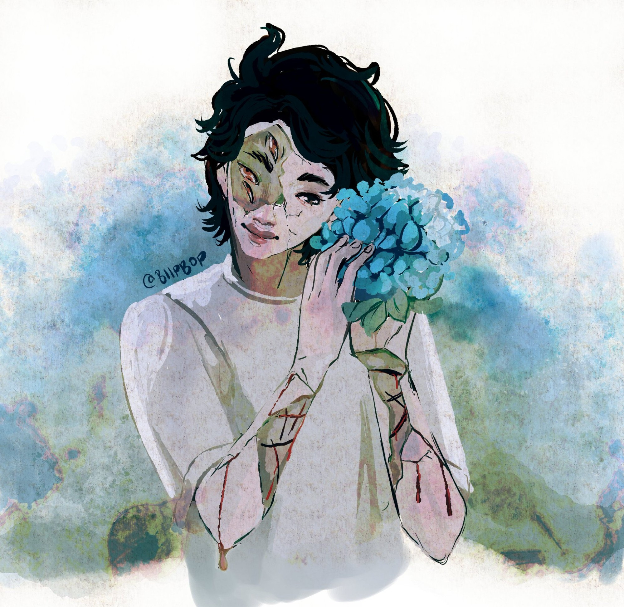 He Yu as a kid holding blue hydrangea. His face is cracking like porcelain showing rotting skin and multiple eyes. His arms are also cracking showing criss crossing bleeding cuts 