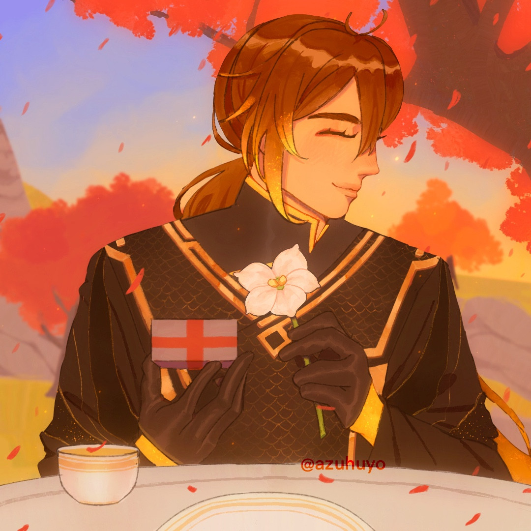 Smiling Zhongli holding Qingxin flower and red and gray gift box. It's golden hour and he's sitting by the table near Cloud Retainer's domain.