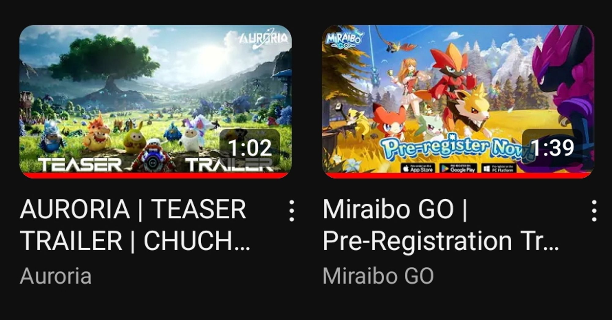 Duas thumbnails do YouTube mostrando trailers de Auroria e Miraibo Go