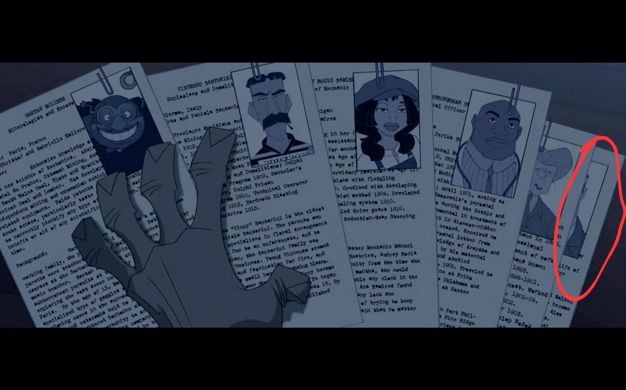 The resumes of the crew from Disney's Atlantis fanned out, the villain's is obstructed from view