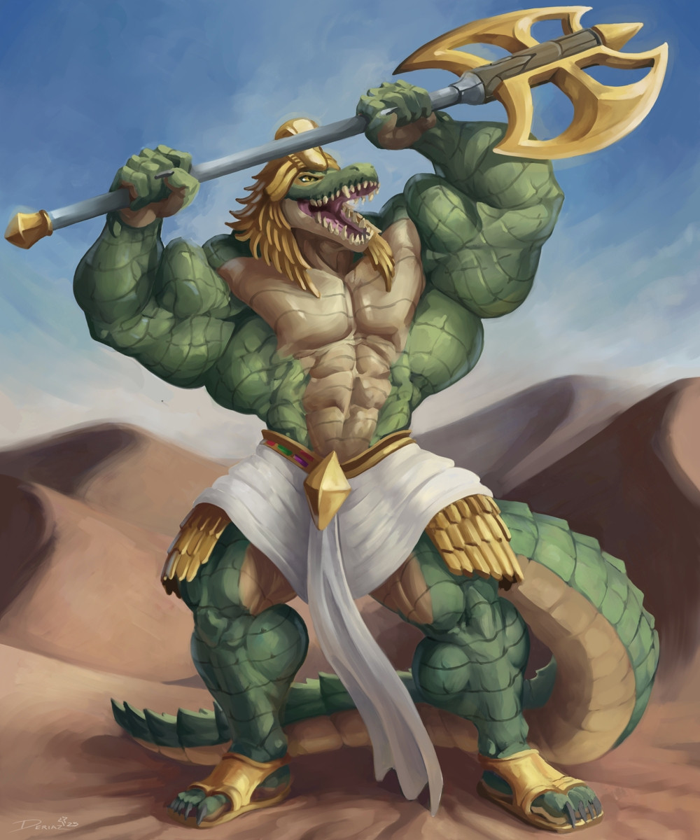 A large green crocodile anthro character stands amongst the rolling dunes of the desert. He raises a golden axe high above his head, roaring triumphantly to the sky, as his musculature gleams in the sun. His tail and white loincloth drape behind him.