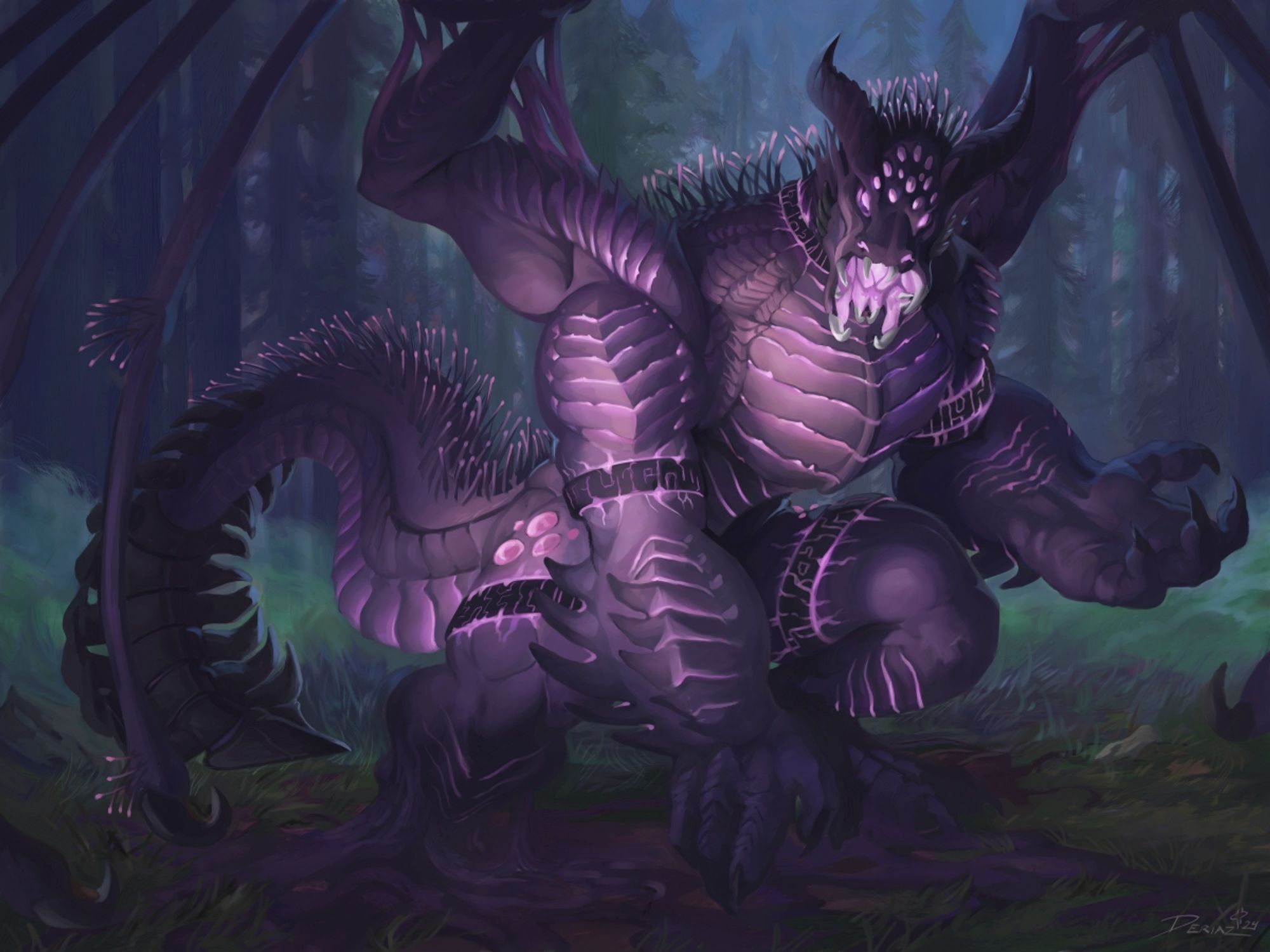 A demonic or eldritch looking anthropomorphic dragon fills the canvas. Standing on a rarely used path in the forest at night, the glow of a flashlight frames his upper body, revealing many purple glows between his underscales and tips of his spines. His wings are splayed, joints spread wide, but no skin between them. A curled, dagger-like tail curls around behind him, as his feet melt into the dirt into a purple gunk.