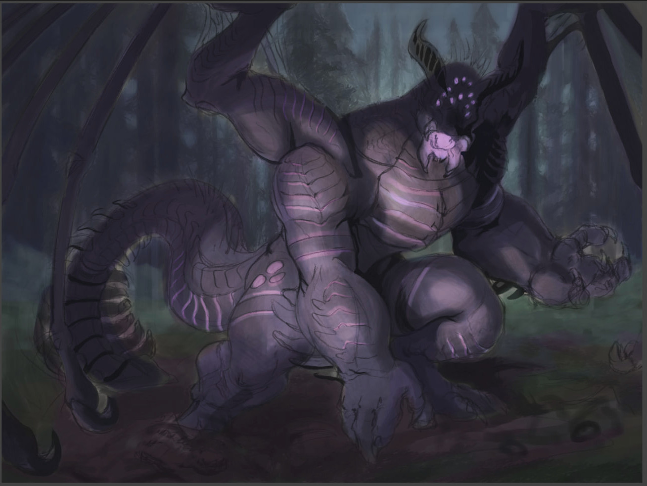 A spooky eldritch being in the forest, hunched over and staring at the viewer and the flashlight they are aiming at the beast. Very muddy and blurry, as the piece is only sketched and roughly colored, so details are unclear, as the piece is unfinished.