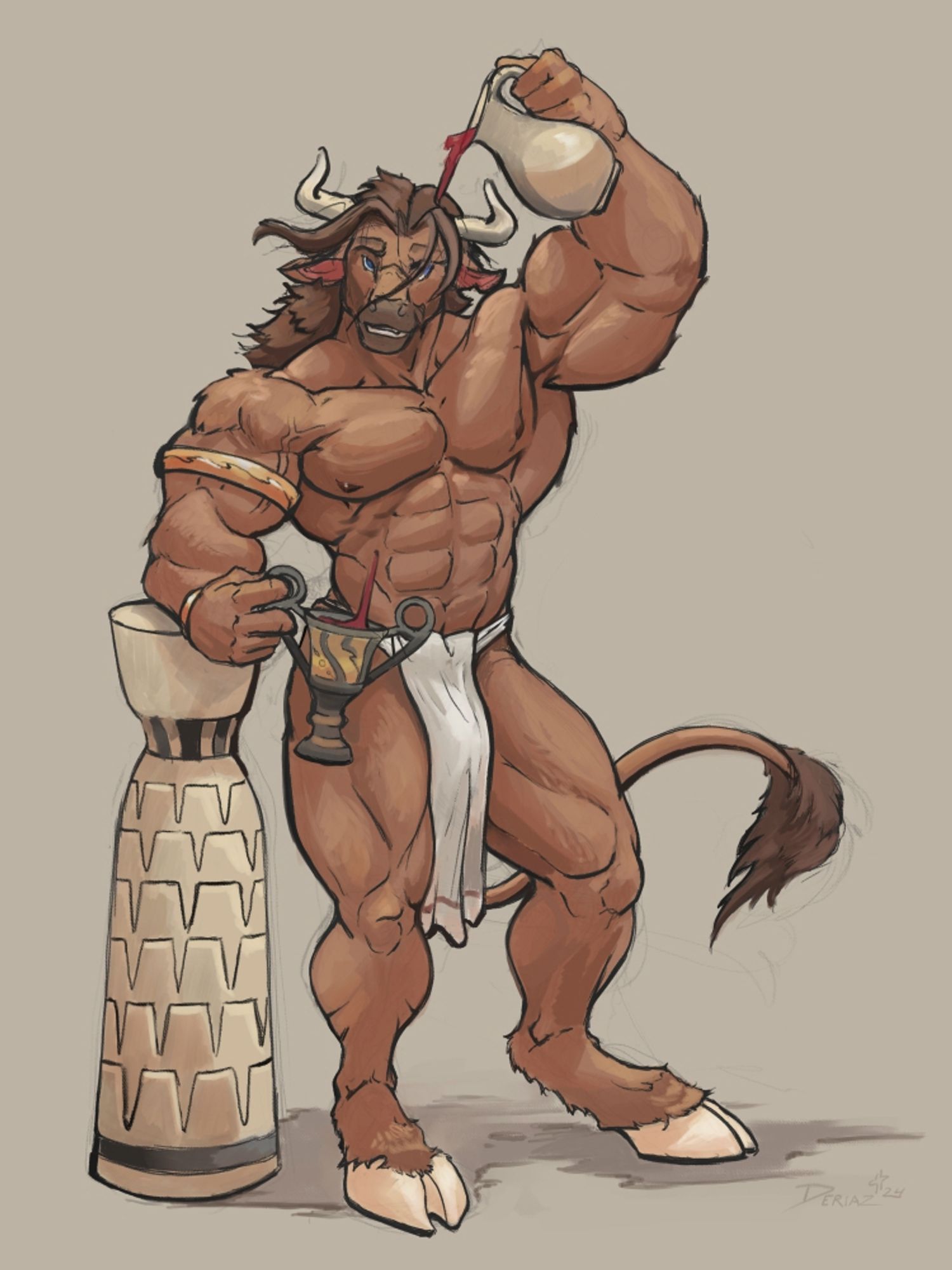 A brown minotaur in a white loincloth stands with one arm/elbow resting on a small stone pillar. He holds a kantharos in that hand, an ancient greek cup, as his other hand raises a pitcher, wine pouring from it.