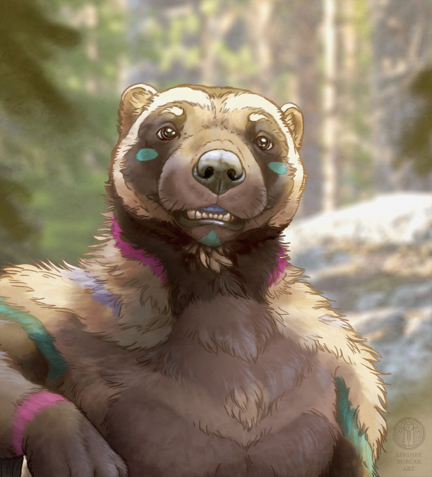 A bust painting of Hubble the Wolverine, with a forest background and beautiful lighting from the sun.