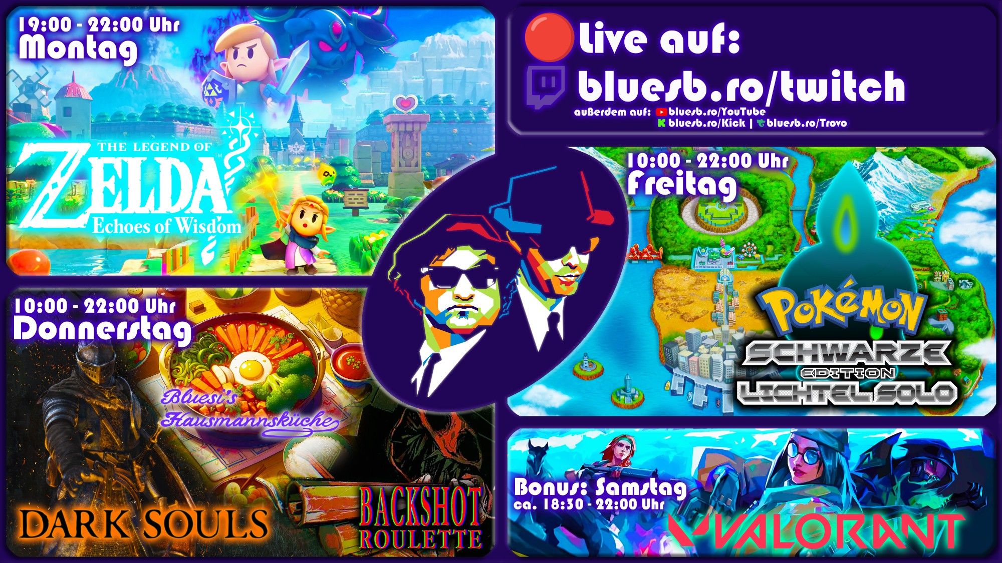 2 MAL 12 STUNDEN STREAMS! Diese Woche 🔴live auf Twitch :

Montag 19 - 22 Uhr: The Legend Of Zelda: Echoes Of Wisdom 🛏️

Donnerstag 10 - 22 Uhr: 🔫 Backshot Roulette, 🍲Kochen & Dark Souls ⚔️

Freitag 10 - 22 Uhr: Pokemon Schwarz🕯️Lichtel Solo

💜Liken, 🔃Teilen, und so Stuff✌️