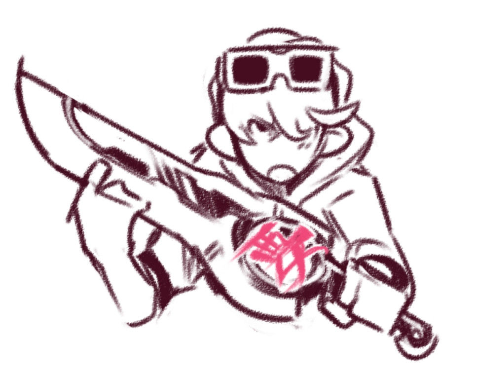 auggie holding the Monado, with a custom pink Monado art that translates roughly to "primary".