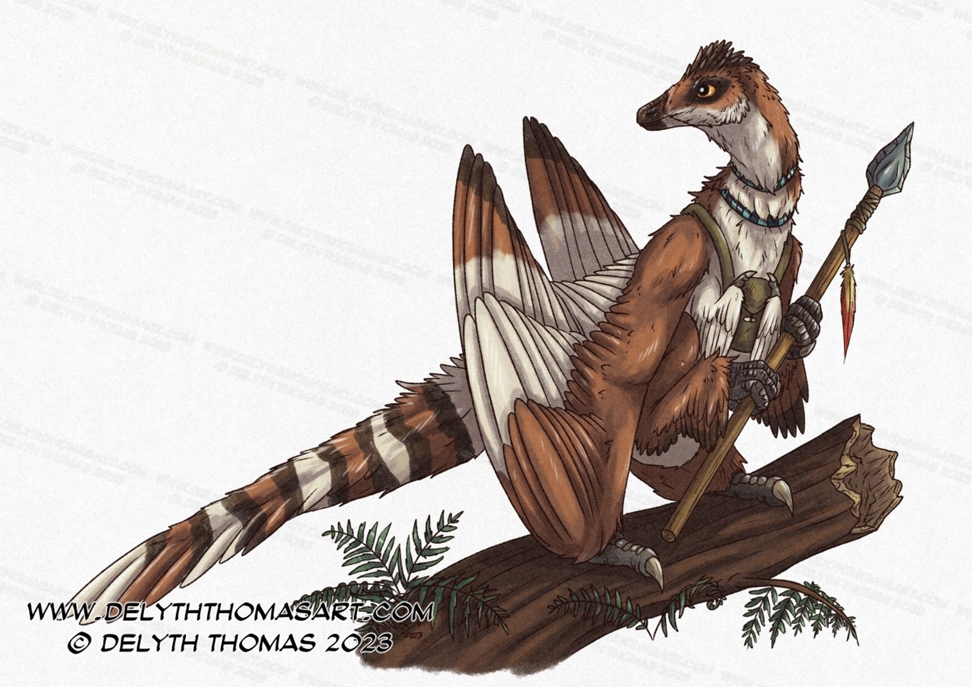 Ginko a 6 limbed dragon dinosaur Latenivenatrix perches on a tree log. Covered in feathers and holding a spear. Sporting a banded cream, brown and ginger colouration.