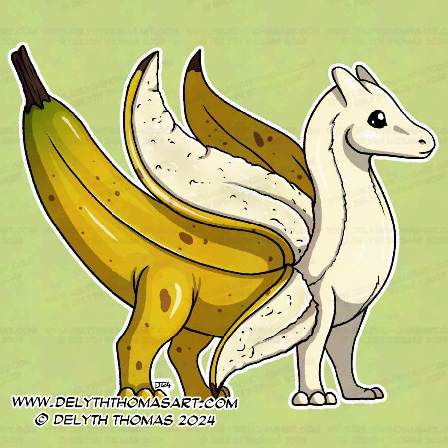 A dragon resembling a Banana, it's head and upper torso the soft pale fruit, its lower torso, wings and tail being made from the yellow peel.