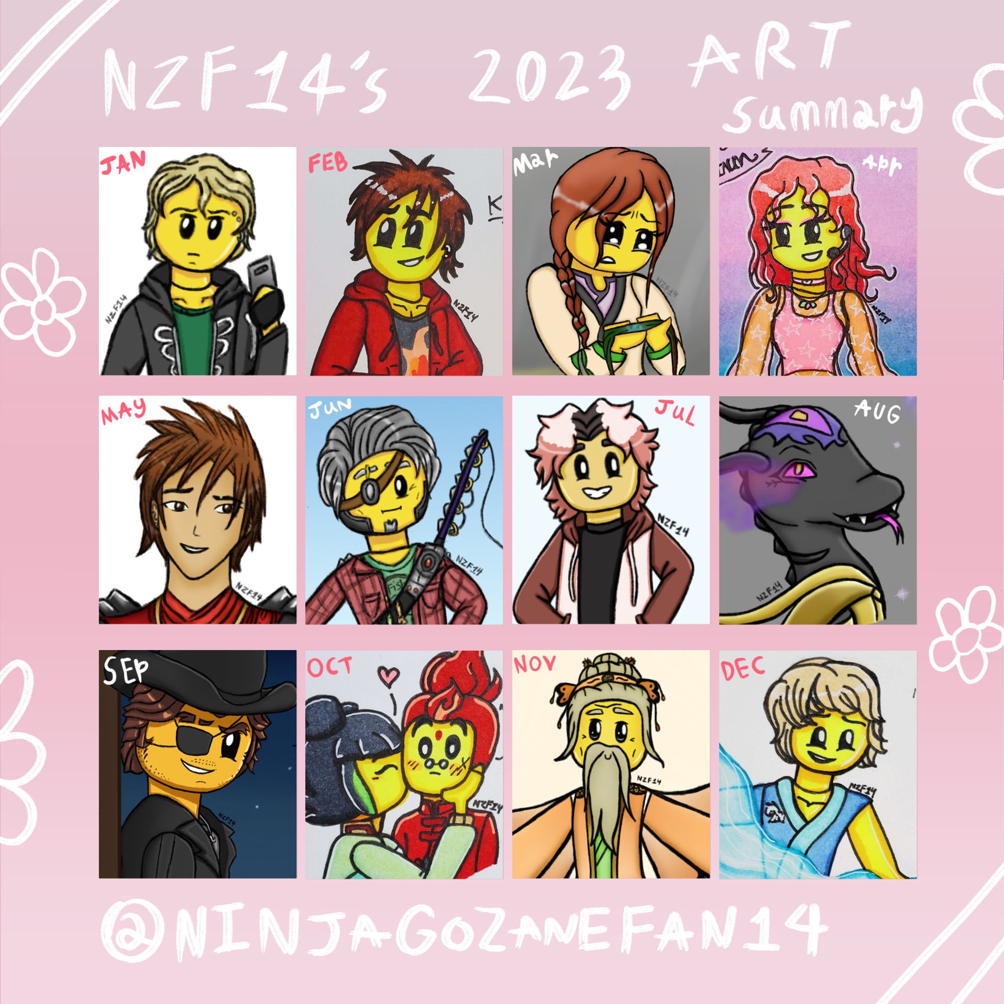 12 squares containing various art pieces of mine from January to December of 2023