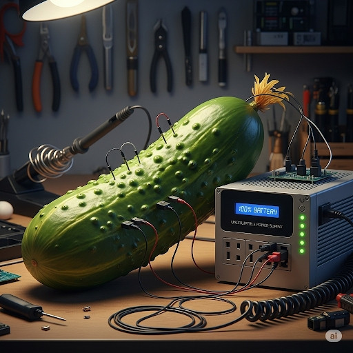 A pickle on a desk hooked to a UPS battery backup system