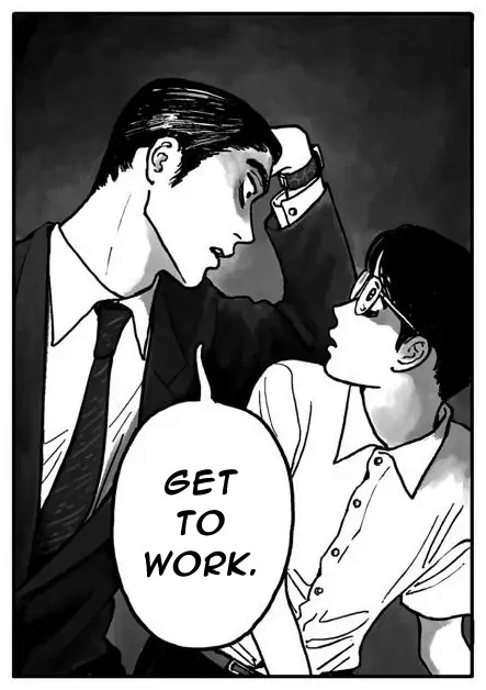 an edit of a panel from karaoke iko. kyouji leans into satomi and says "get to work."