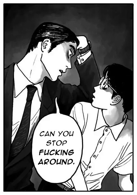 an edit of a panel from karaoke iko. kyouji leans into satomi and says "can you stop fucking around."