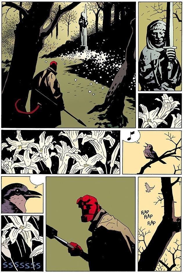 Page tirée de Hellboy. Dans une forêt paisible mais glauque, Hellboy traque un dragon. L'histoire s'inspire des saints pourfendeurs de dragons