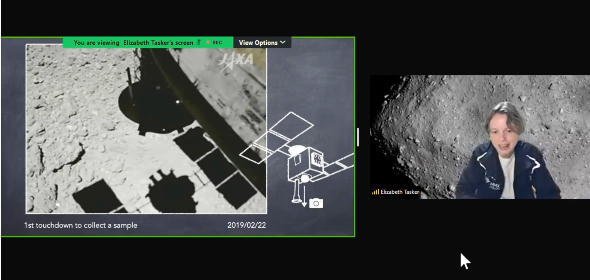 screen shot from the zoom at EPSC. On the right is my webcam. My virtual backdrop is a image of asteroid Ryugu. On the left are my slides. The current slide is a image from the spacecraft as it collects a sample from asteroid Ryugu.