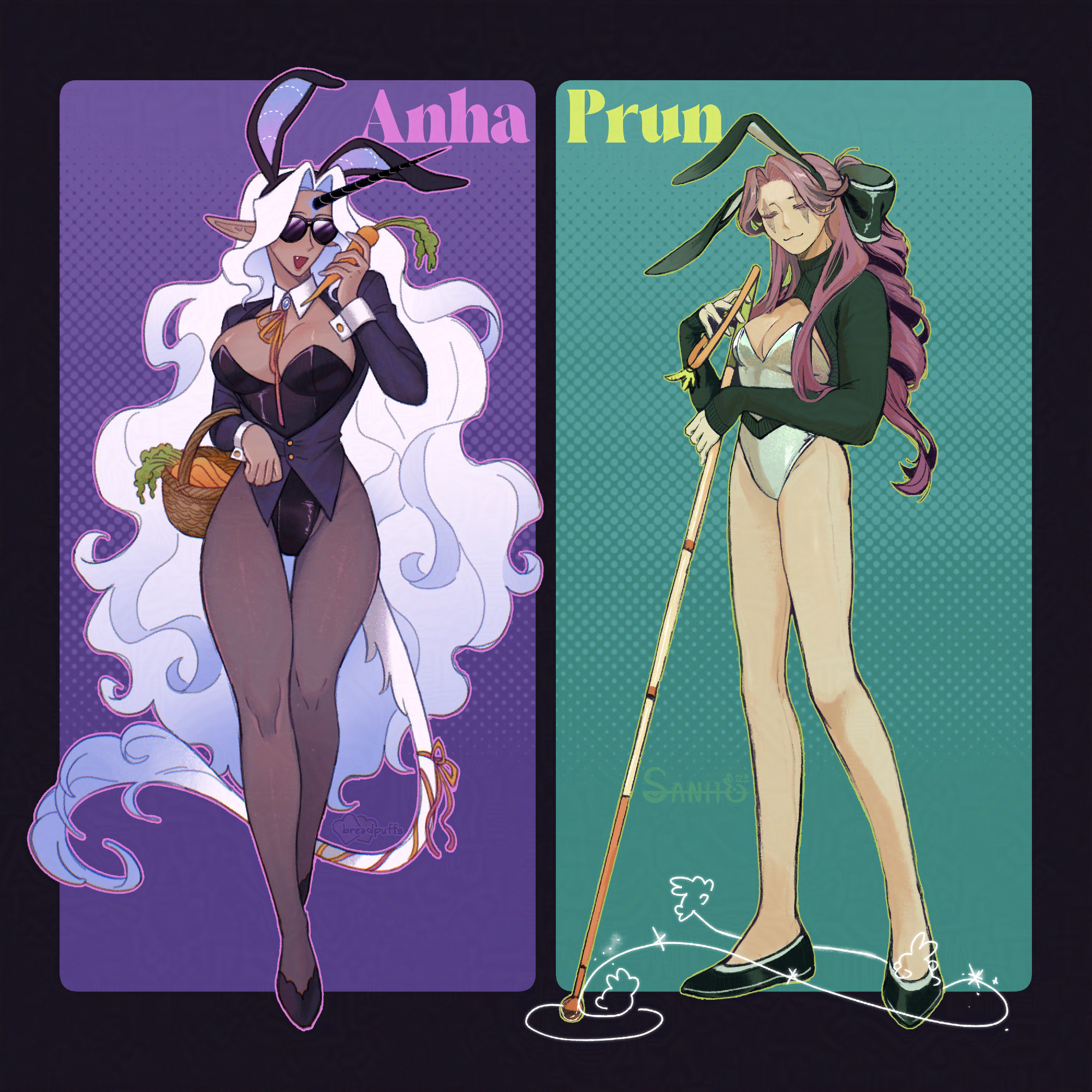 Digital art of two blind women in bunny suits, an art collaboration between Bread and Sanho. Anha is on the left side, themed in purple colors. She is a humanoid unicorn lady with long wavy white hair, wearing a purplish bunny suit and a bunny ears headband, black sunglasses, and carrying a basket full of carrots. Prun is on the right side, themed in green. Her eyes are closed and scarred, she has long purple hair tied up in a green ribbon. She is wearing a white and green bunny suit, dark green bunny ears headband, and she is holding onto her walking stick that has a strap that resembles a carrot. Anha belongs to breadpuffs, and Prun belongs to sanhocrwpff.