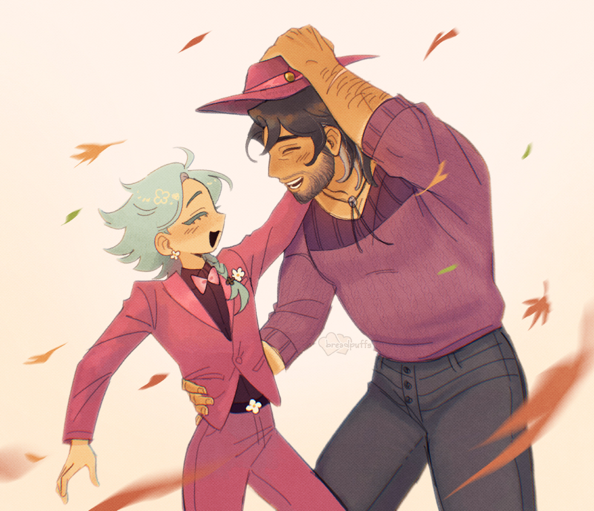 Digital illustration of my Fields of Mistria OC Jamie, dancing with Hayden during the Harvest Festival.