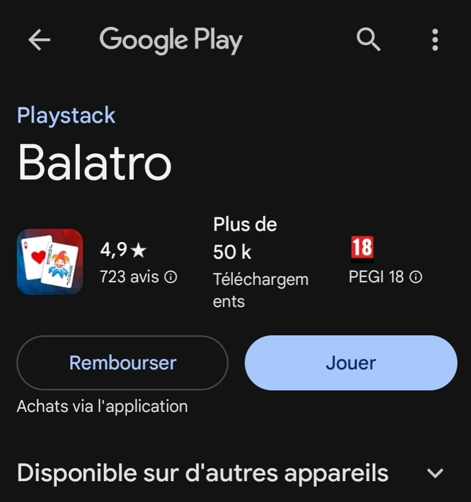 Screenshot du Google play sur la page de balatro version mobile