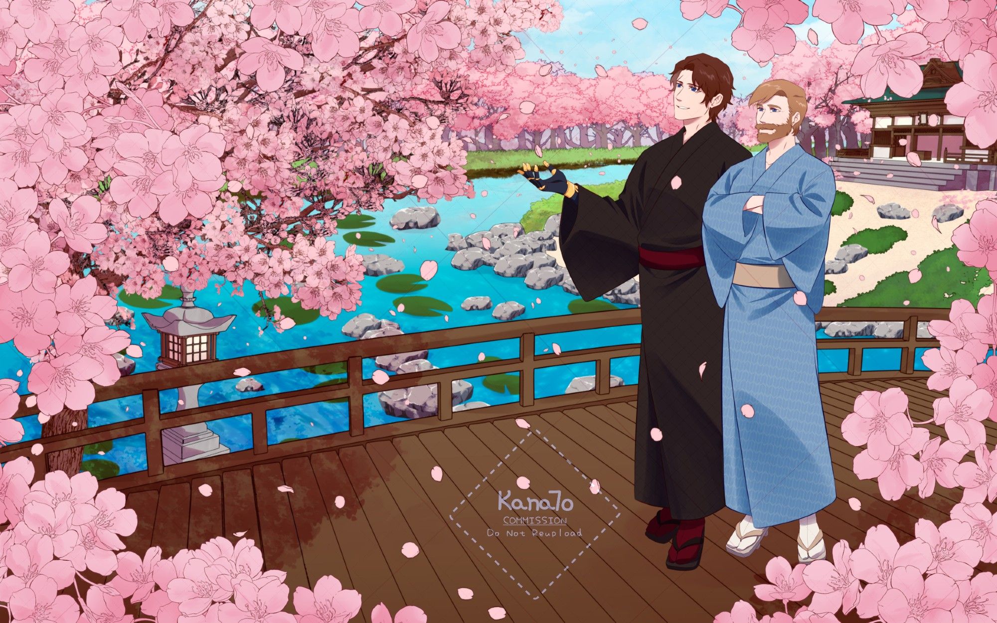 Art by Kana7o -- Obi-Wan Kenobi and Anakin Skywalker fanart of them viewing cherry blossoms and wearing yukata in a Japanese garden.