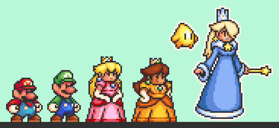 Pixel art of Mario characters, from left to right: Mario, Luigi, Peach, Daisy, Luma & Rosalina 