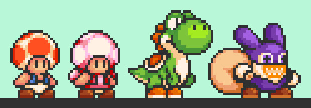 Pixel art of Mario characters, from left to right: Toad, Toadette, Yoshi & Nabbit