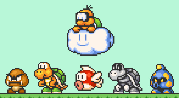 Pixel art of Mario enemies, from left to right: Goomba, Koopa Troopa, Cheep Cheep, Lakitu, Dry Bones & Octoomba