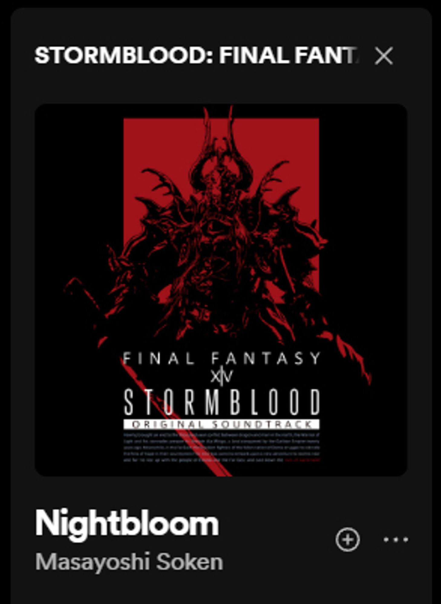 A screenshot basket of Spotify, showing it's playing Nightbloom from the Final Fantasy XIV Online Soundtrack.