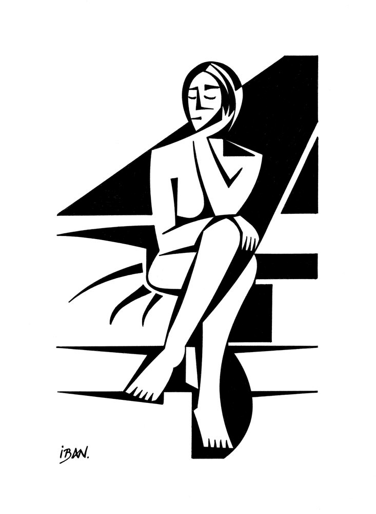 Stylized, semi-abstract black and white hard-edge ink drawing of a nude woman sitting on the side of a bed. Artwork by Iban Van der Zeyp.