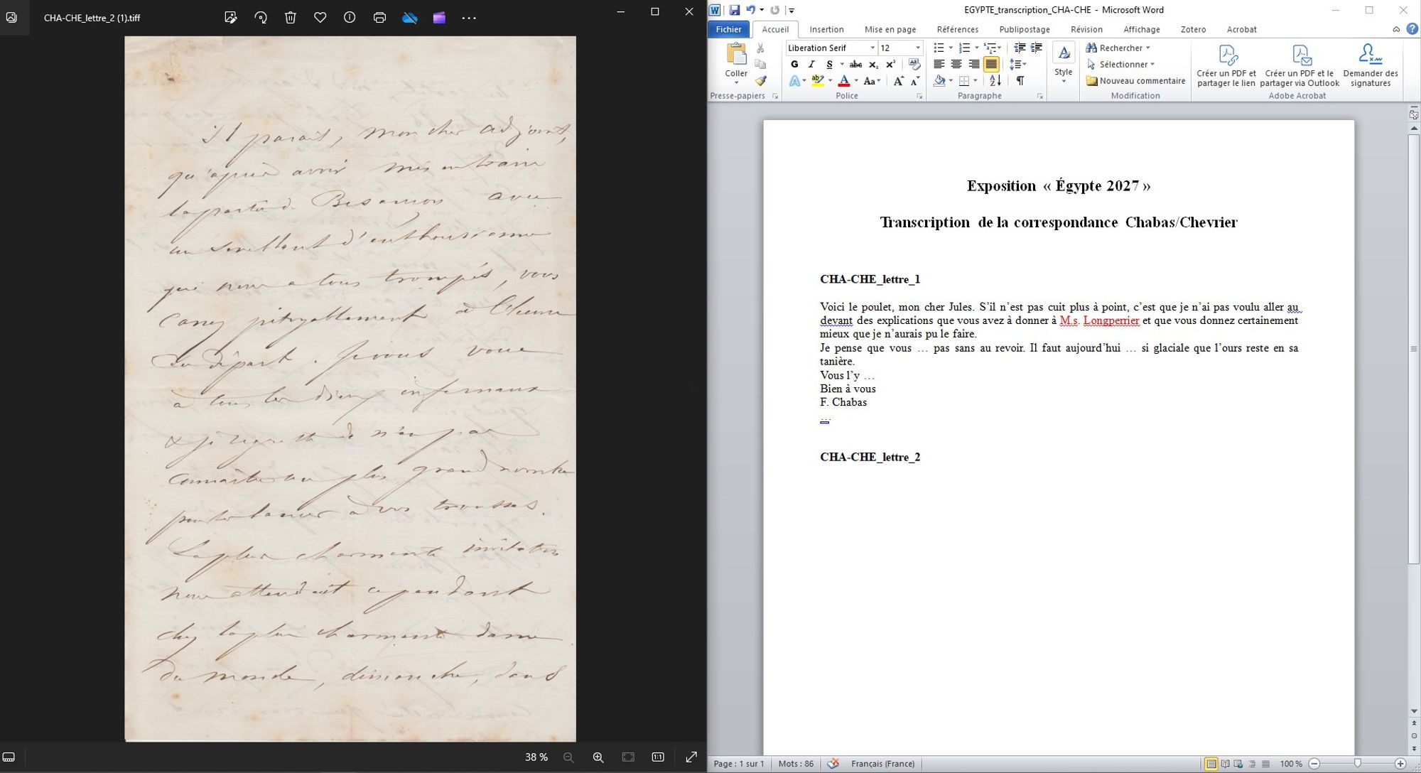 Capture d'écran d'ordinateur montrant à gauche le scan d'une lettre manuscrite et à droite une page Word transcrivant le contenu de la lettre