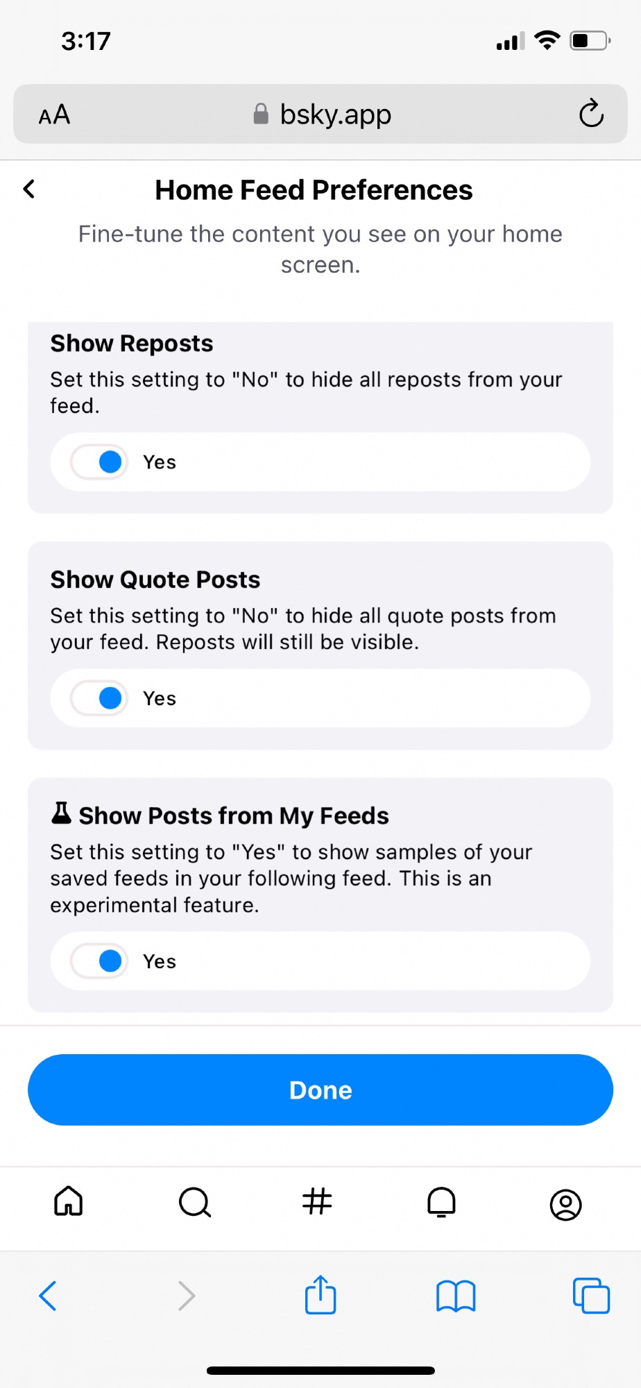 Screenshot of my bsky Home Feed Preferences in Settings, including Show Reposts and Show Quote Posts

The bottom preference setting is the key one:

Show Posts from My Feeds
Set this setting to "Yes" to show samples of your saved feeds in your following feed. This is an experimental feature.