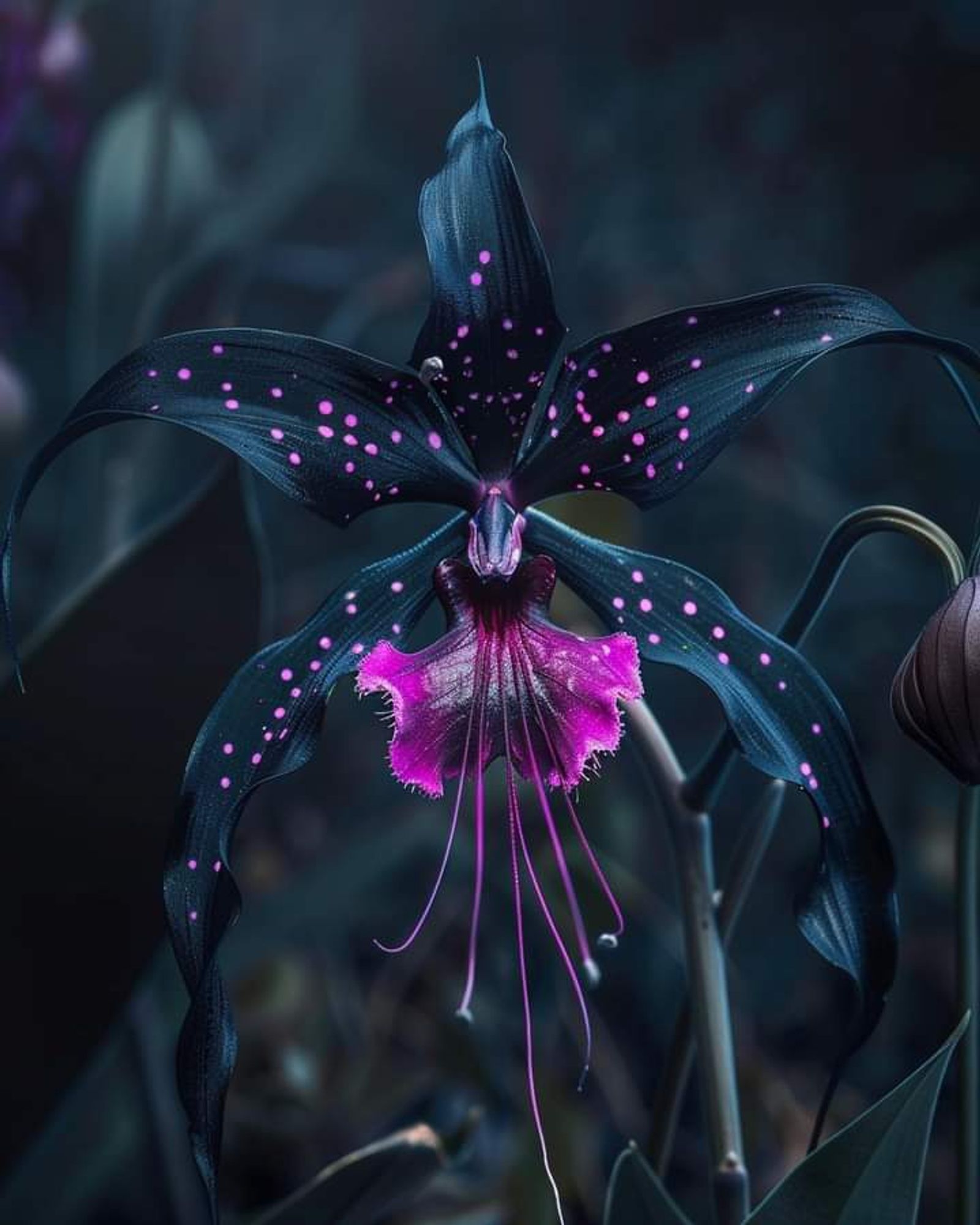 "Dracula Orchid (Dracula spp.) Discover the extraordinary Dracula Orchid, featuring mesmerizing black petals speckled with pink and a striking purple center. This unique orchid adds an exotic and mysterious allure to any space.

Light: Thrives in bright, indirect light.
Water: Keep the potting medium consistently moist but not waterlogged.
Soil: Prefers a well-draining orchid mix.
Temperature: Best grown in temperatures ranging from 55-75°F (13-24°C).
Humidity: High humidity is essential.
Fertilizer: Apply a balanced, water-soluble fertilizer every 2-4 weeks during the growing season.

This captivating orchid is perfect for those looking to add a touch of the unusual to their plant collection!"