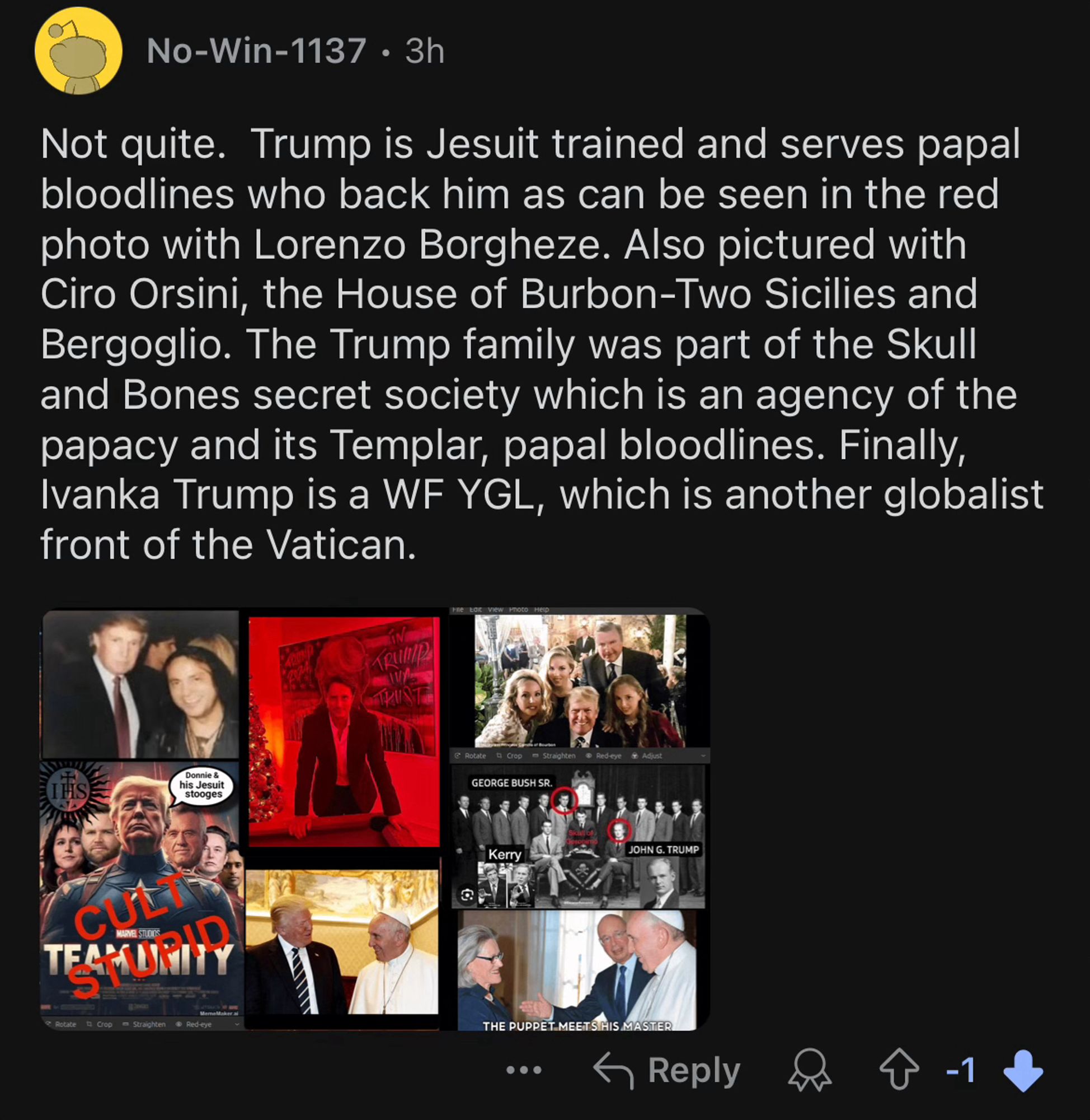 Insane Reddit post that reads: Not quite. Trump is Jesuit trained and serves papal bloodlines who back him as can be seen in the red photo with Lorenzo Borgheze. Also pictured with Ciro Orsini, the House of Burbon-Two Sicilies and Bergoglio. The Trump family was part of the Skull and Bones secret society which is an agency of the papacy and its Templar, papal bloodlines. Finally, Ivanka Trump is a WF YGL, which is another globalist front of the Vatican.