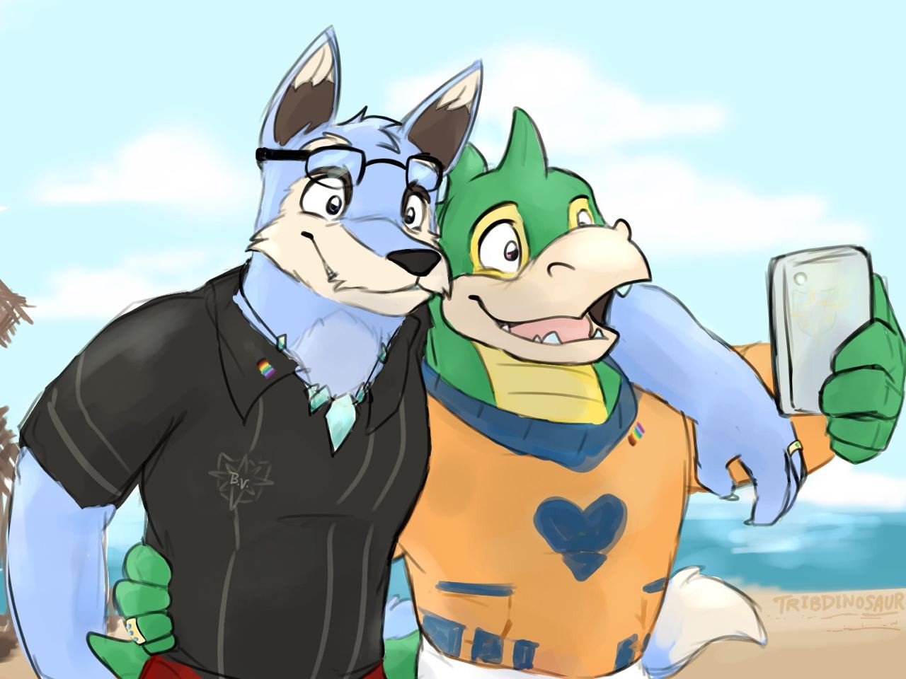 A pencil-style drawing of a wolf man with his arm over the back of a dragon man. Both a happy and smiling, hugging one another close, while posing in front of a cellphone. They stand at a relaxing beach.