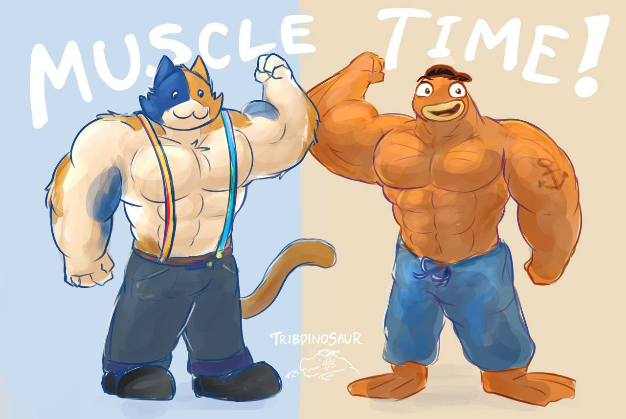 A drawing of two cartoon characters, a muscular cat and a buff fish, flexing their biceps together in a mirrored pose