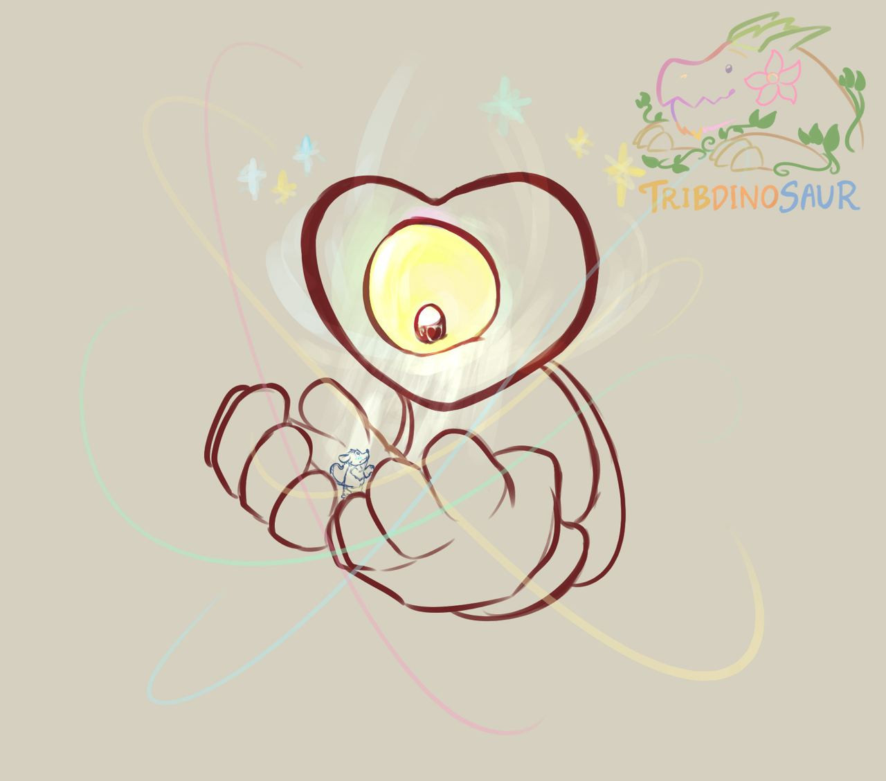 A sketch-style drawing of a heart-shaped creature with a friendly eye and gentle gloved hands, holding a tiny rat smaller than his fingers.