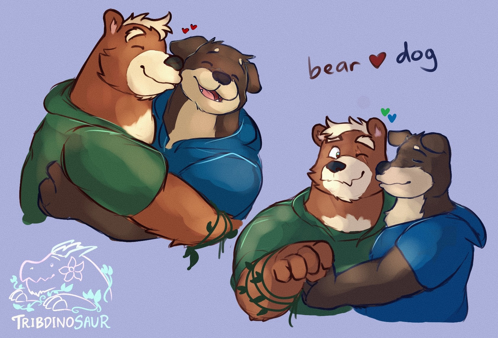 Two joyful warm drawings of a bear-man and dog-man cuddling each other and kissing one another on the cheek. They are wearing hoodies.