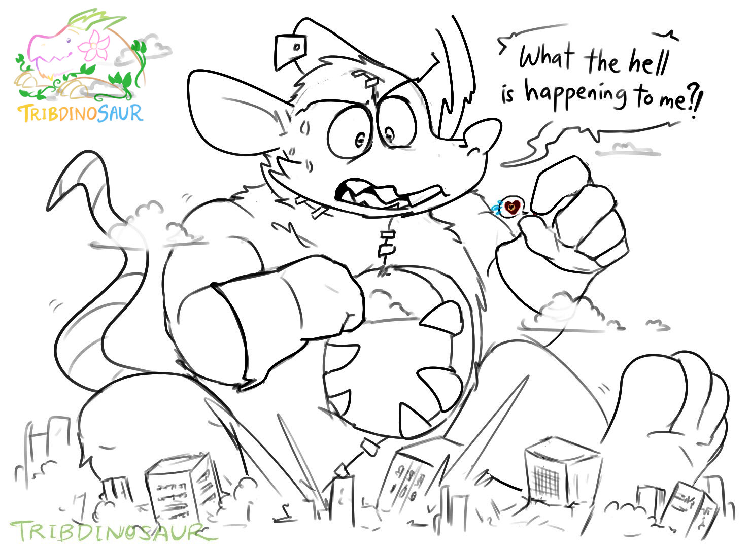 A pencil-style drawing of a massive rat man sitting atop a cluster of buildings no larger than his hands. He shouts: "What the hell is happening to me?!"