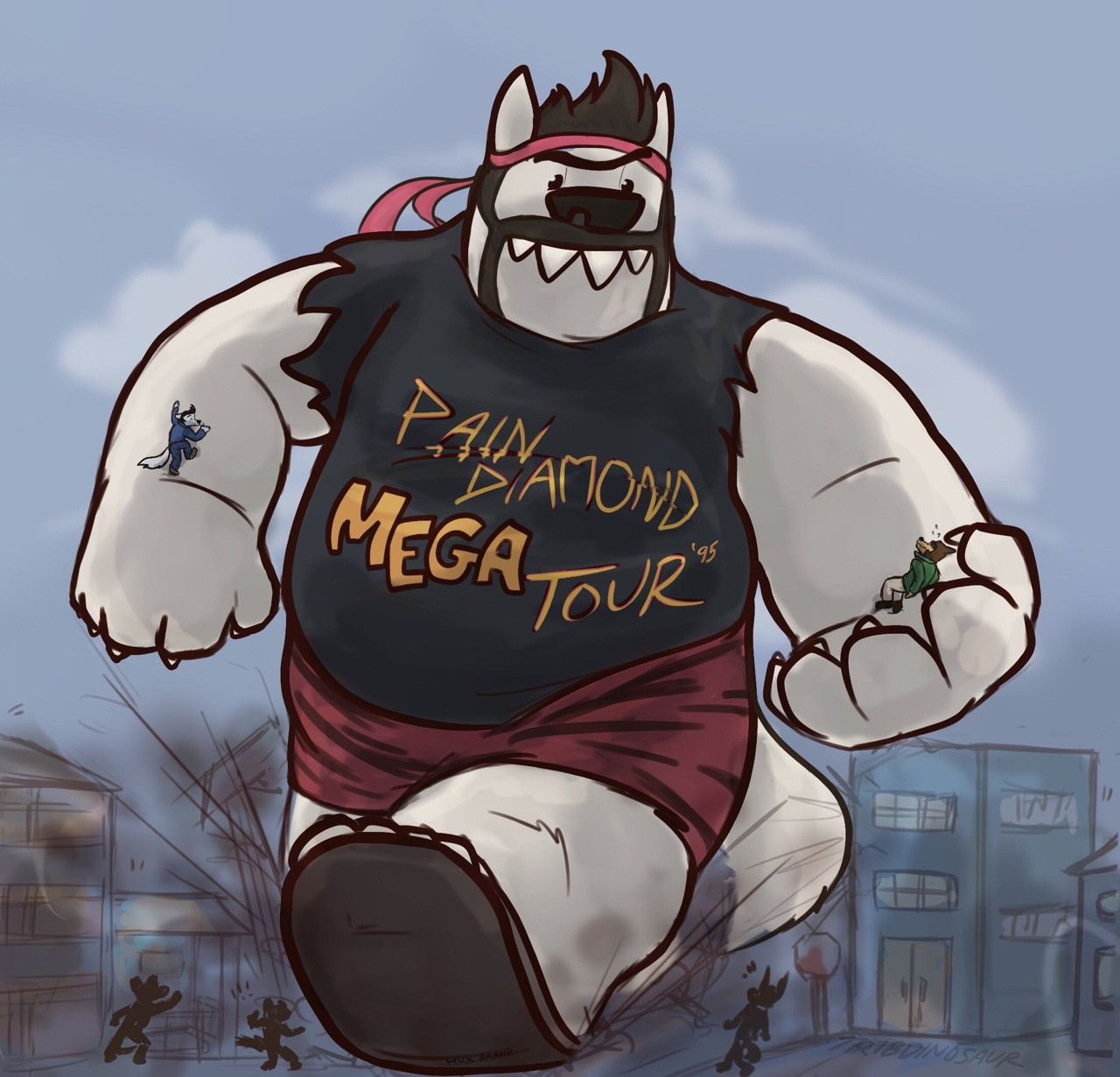 A colored drawing of a huge dog man in a ripped shirt and headband walking between buildings, causing some destruction. Climbing his arm and in his palm are two small dudes.