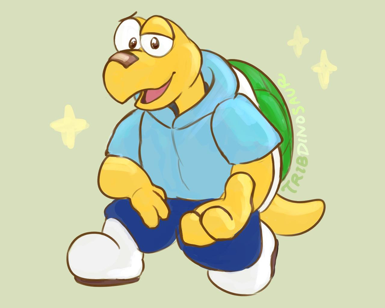 A drawing of a turtle pal in a hoodie, shorts, and shoes, kneels and extends a friendly hand towards you