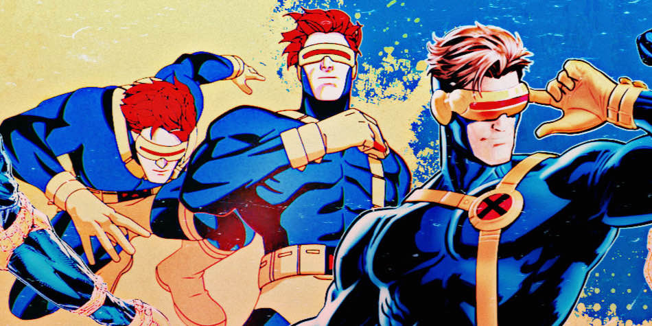 Edit of spliced images of Scott Summers from X-men ‘97 and comics featured in bright yellows and blues