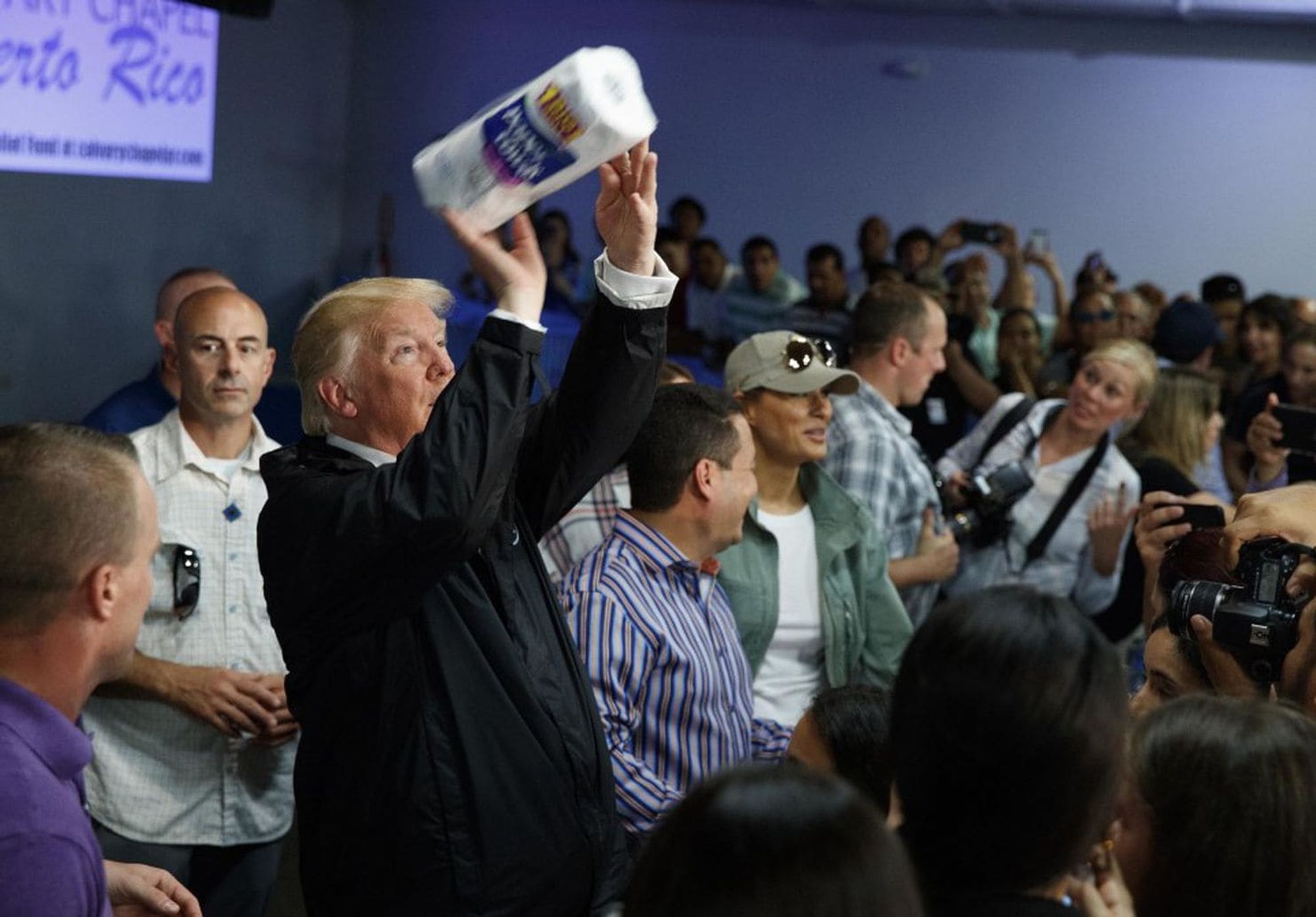 Trump throwing a roll of paper towels in Puerto rico