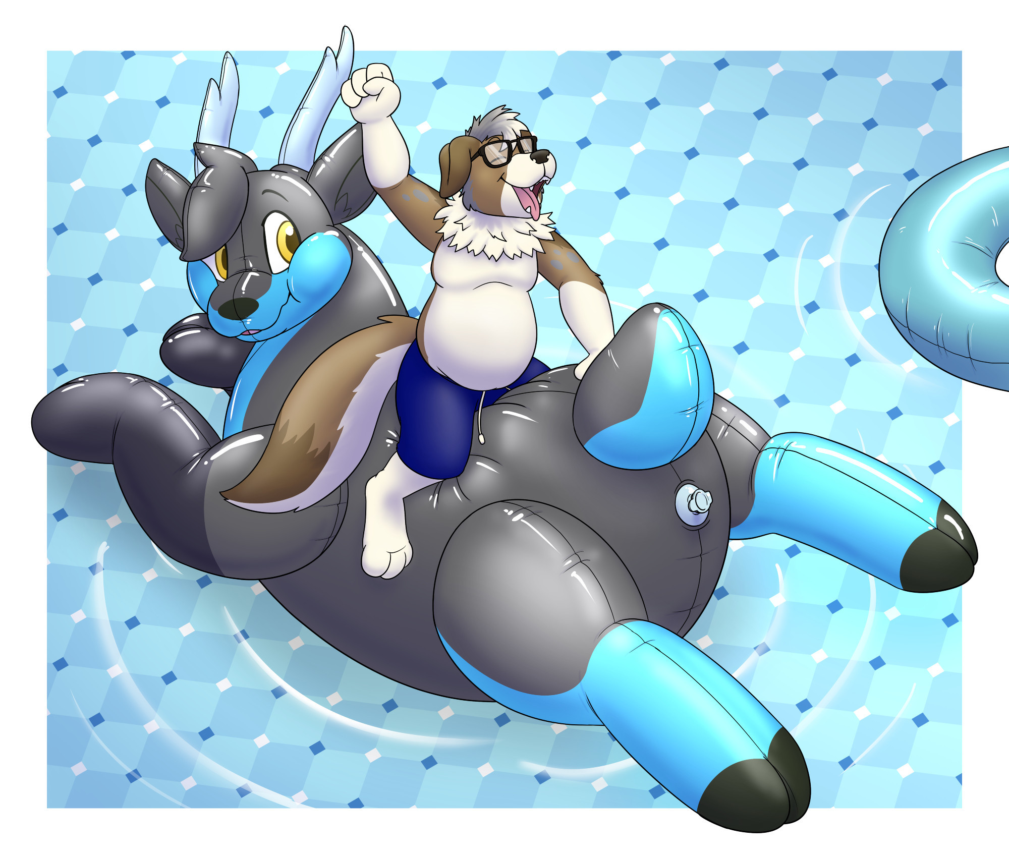 A brown and white anthro dog wearing glasses and blue swim trunks riding on a big black and blue deer pool toy on the water with a blue tile background.